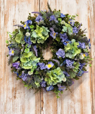 Lavender Wreath featuring Lavender, Hydrangeas, Cosmos, Iris, Heather, Delphinium buds, Mixed foliages including ferns and Eucalyptus.