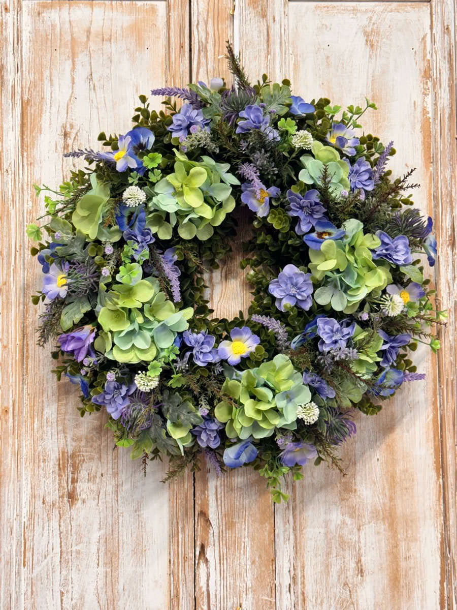 Lavender Wreath featuring Lavender, Hydrangeas, Cosmos, Iris, Heather, Delphinium buds, Mixed foliages including ferns and Eucalyptus.