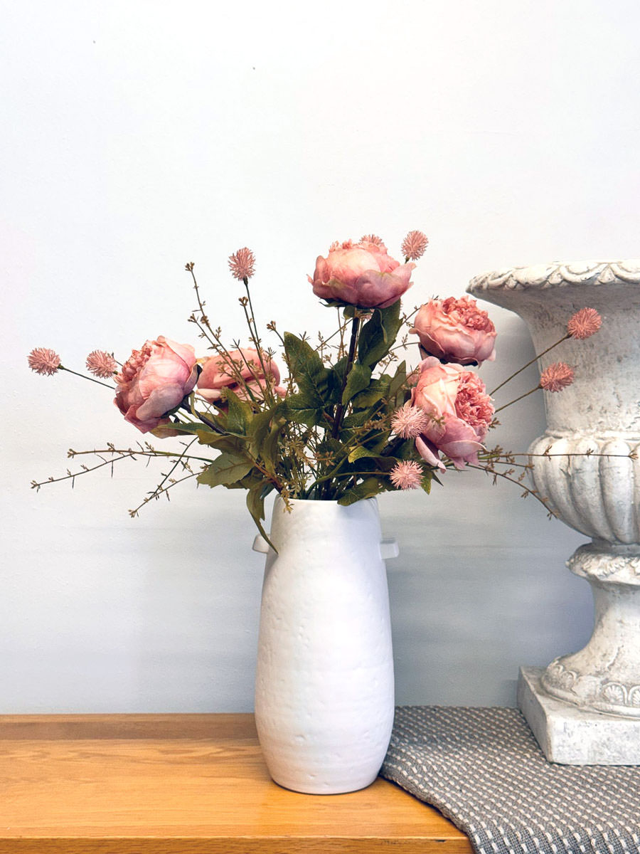 Pink Peony Stems and Pink Thistle Spray in a White Vase