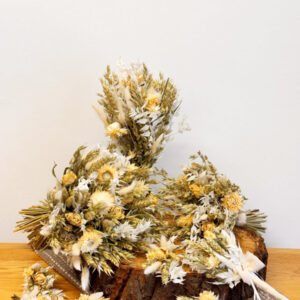 White Dried Wedding including ruscus, roses, helichrysum, bunny tails, wheat and oat. Tied with satin.