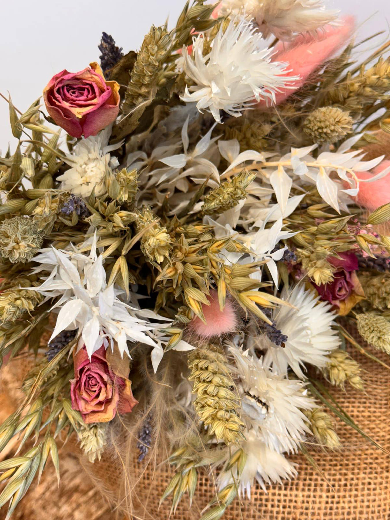 Shop our large dried flower bouquet, handcrafted with wheat, bunny tails, roses & ruscus. A stunning, lasting gift with UK delivery.