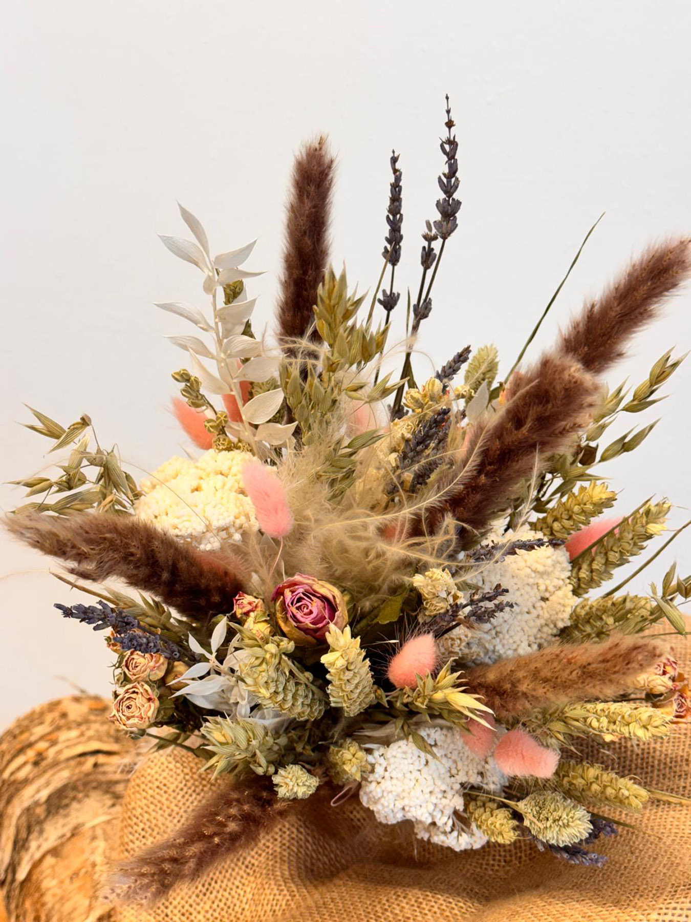 Shop our large dried flower bouquet, handcrafted with wheat, bunny tails, roses & ruscus. A stunning, lasting gift with UK delivery.