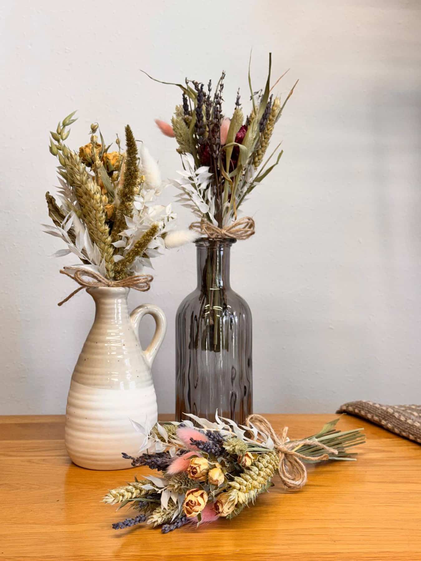 Small Dried Flower Posy with Vase – Natural Wheat, Bunny Tails & Roses | Fine Flowers